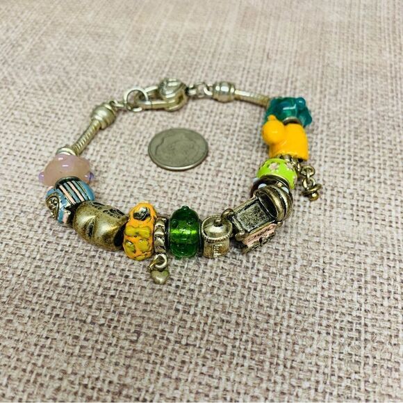 Silver Baby Charm Bracelet Yellow Green Enamel - Picture 1 of 2